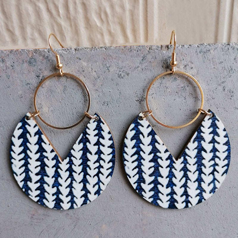 Wholesale Simple Fashion Blue Dyed Print Bohemian Geometric Stripes Stitching Earrings